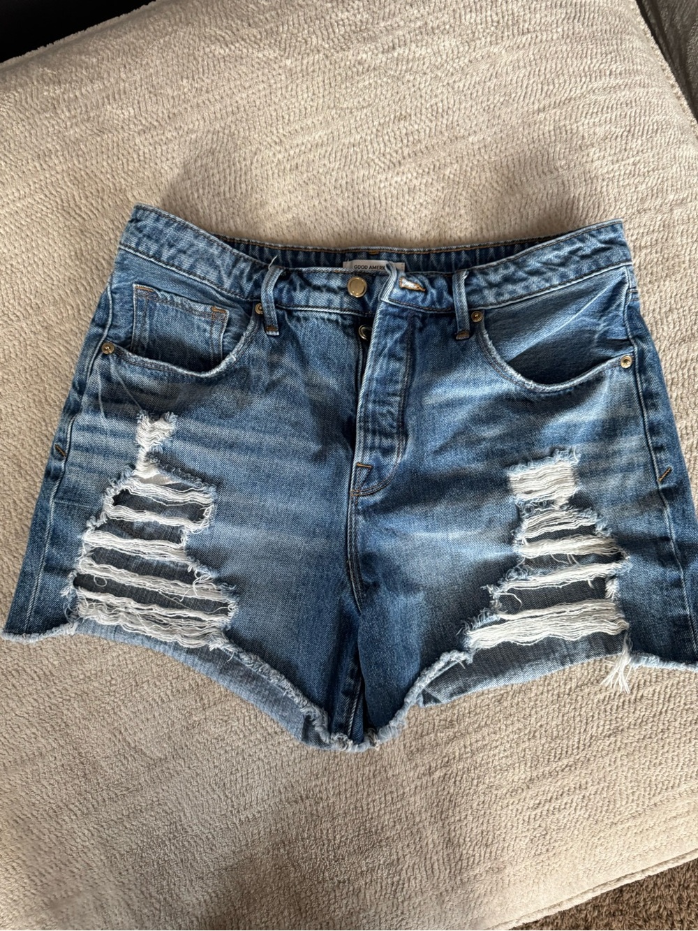 Good American Medium Blue Distressed High-Waist Jean Shorts